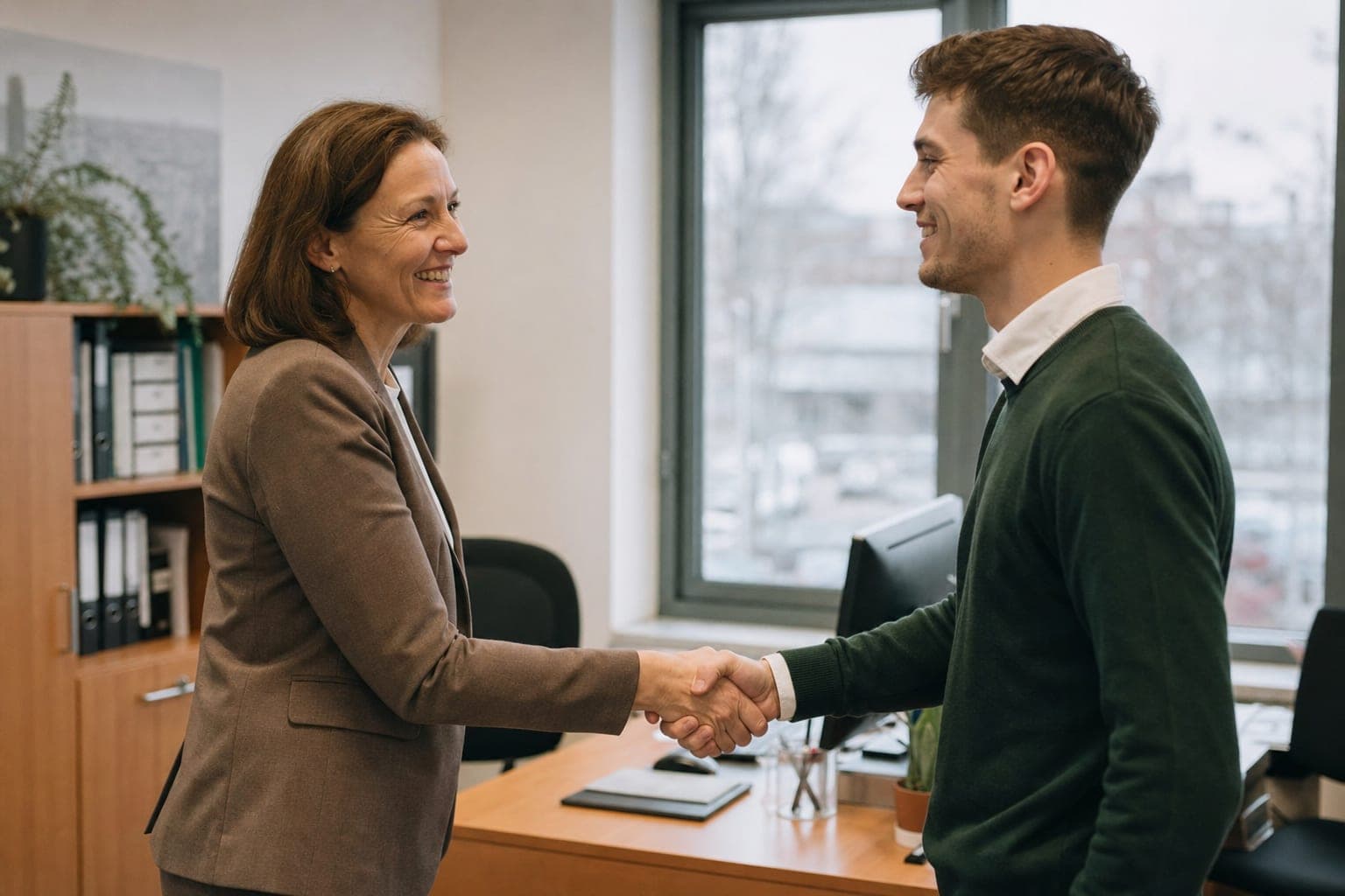 Geschäftsführer begrüßt eine neue Mitarbeiterin per Handschlag